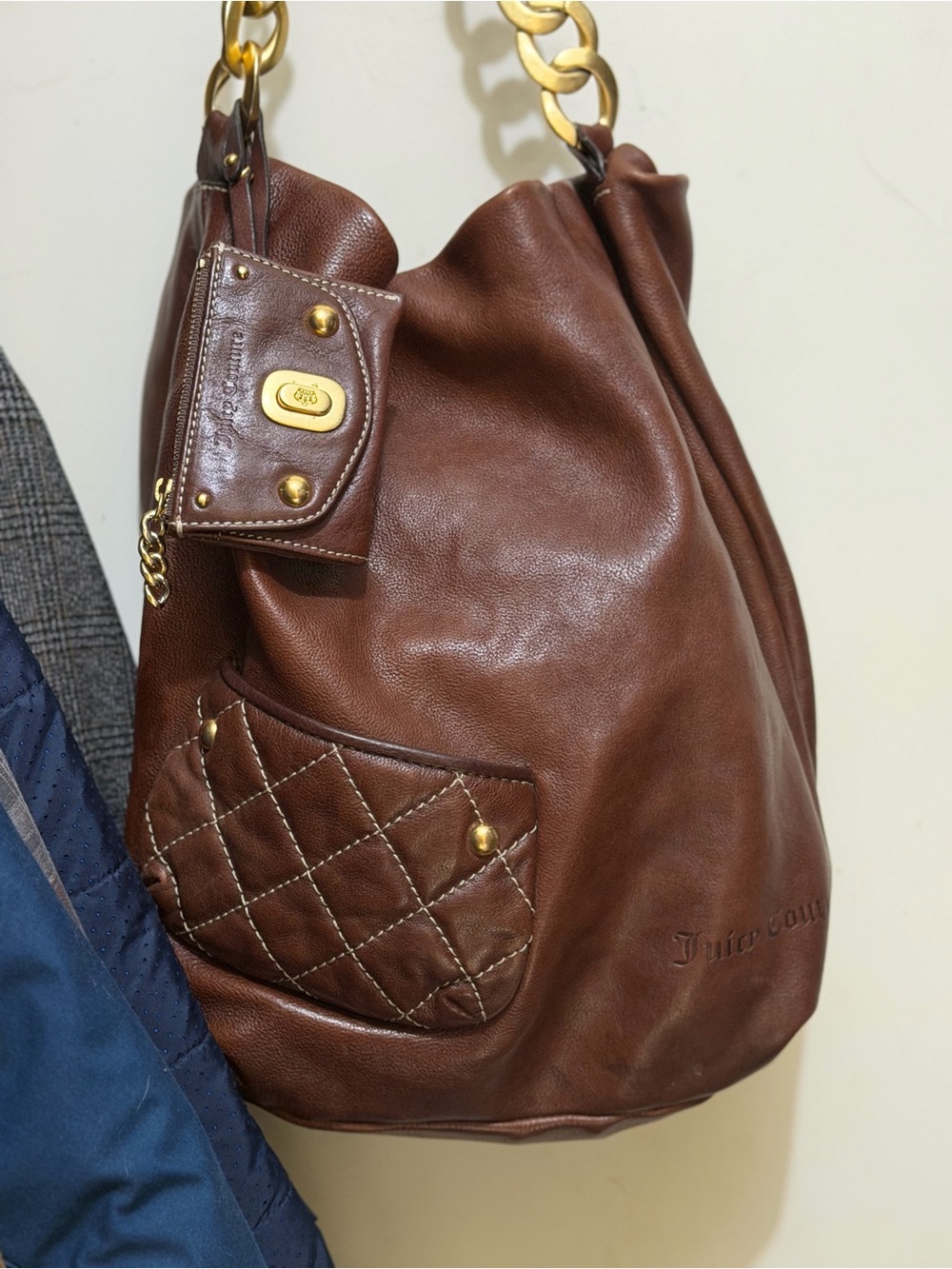 VTG Juicy Couture Brown Leather Hobo Bag Quilted Pocket Pouch Charm Y2K Slouchy